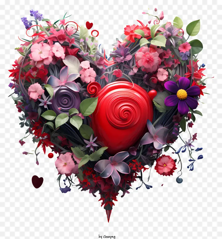 Blume Herz - Herzförmige Blumen- und Rebenanordnung mit roter Zentrum