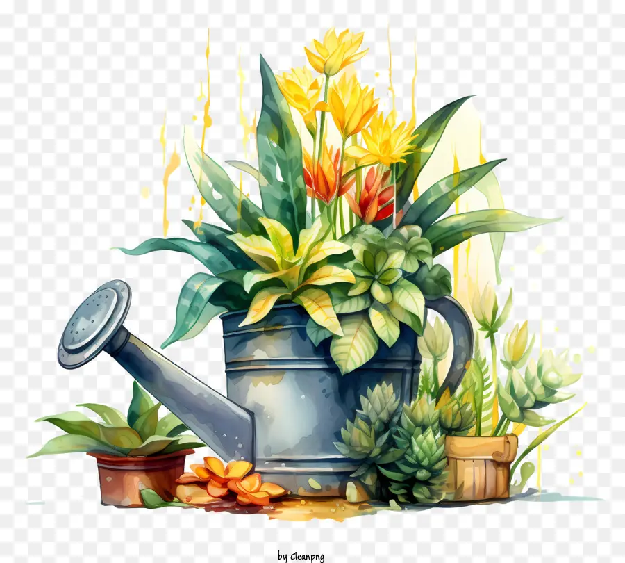 florales Design - Gemälde der Bewässerung, Pflanzen und Topf