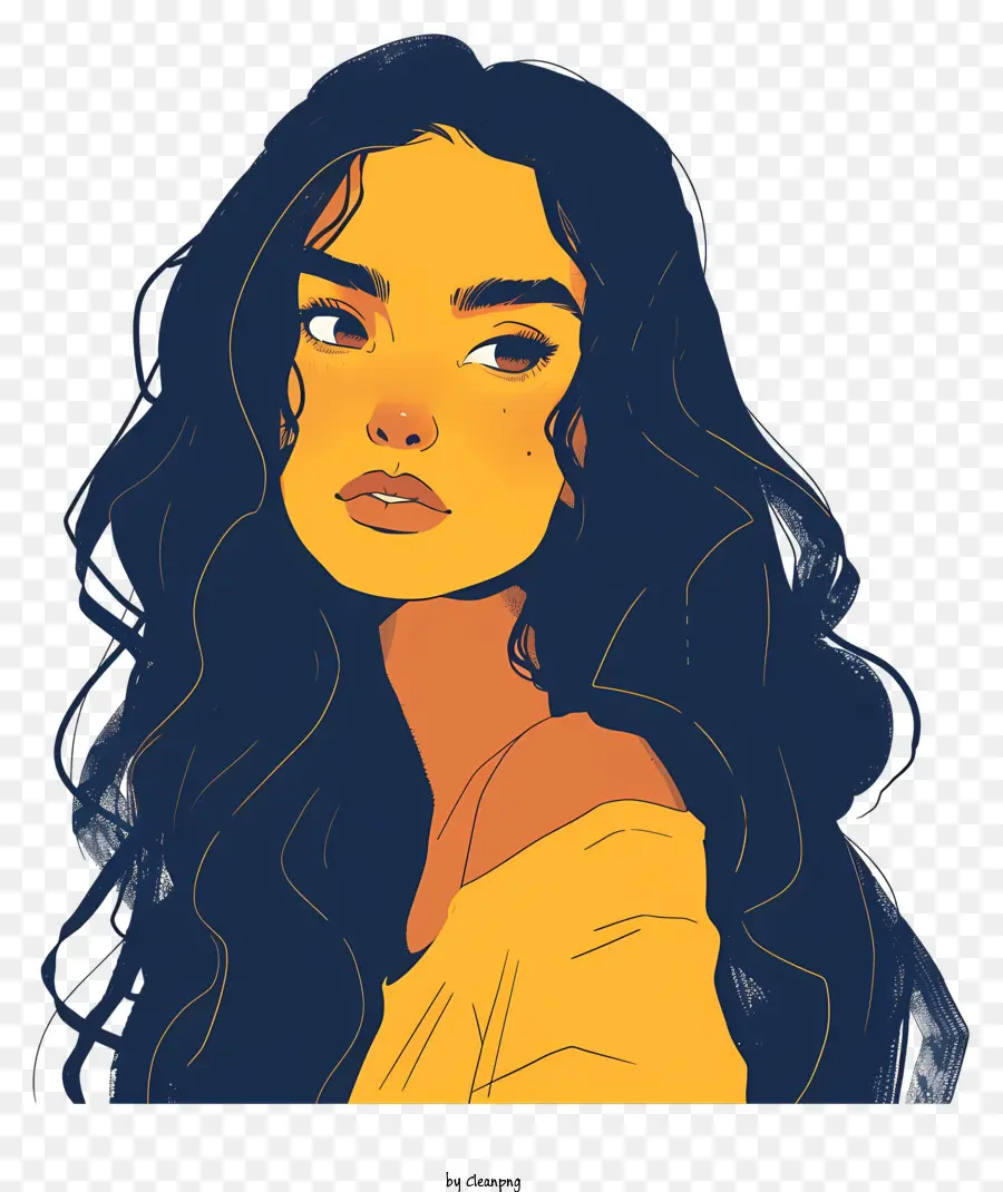 young woman long hair wavy hair black hair yellow shirt