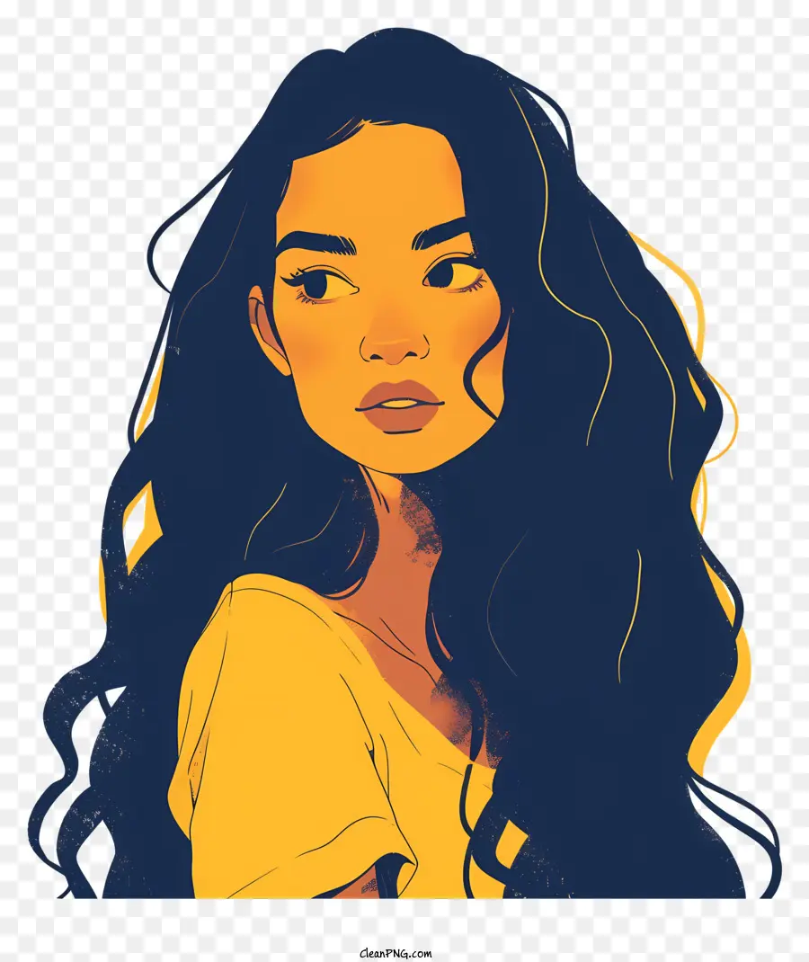 người phụ nữ tóc dài tóc đen ánh mắt màu vàng - Người phụ nữ có mái tóc đen và đôi mắt rực rỡ mặc áo sơ mi màu vàng, chiêm ngưỡng với nền màu xanh và màu tím