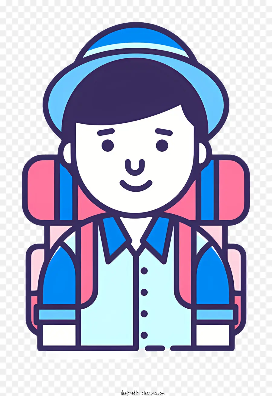 Camper Man Man Rucksack weißes Hemd blaue Hosen - Mann mit Rucksack und blauem Hut lächeln