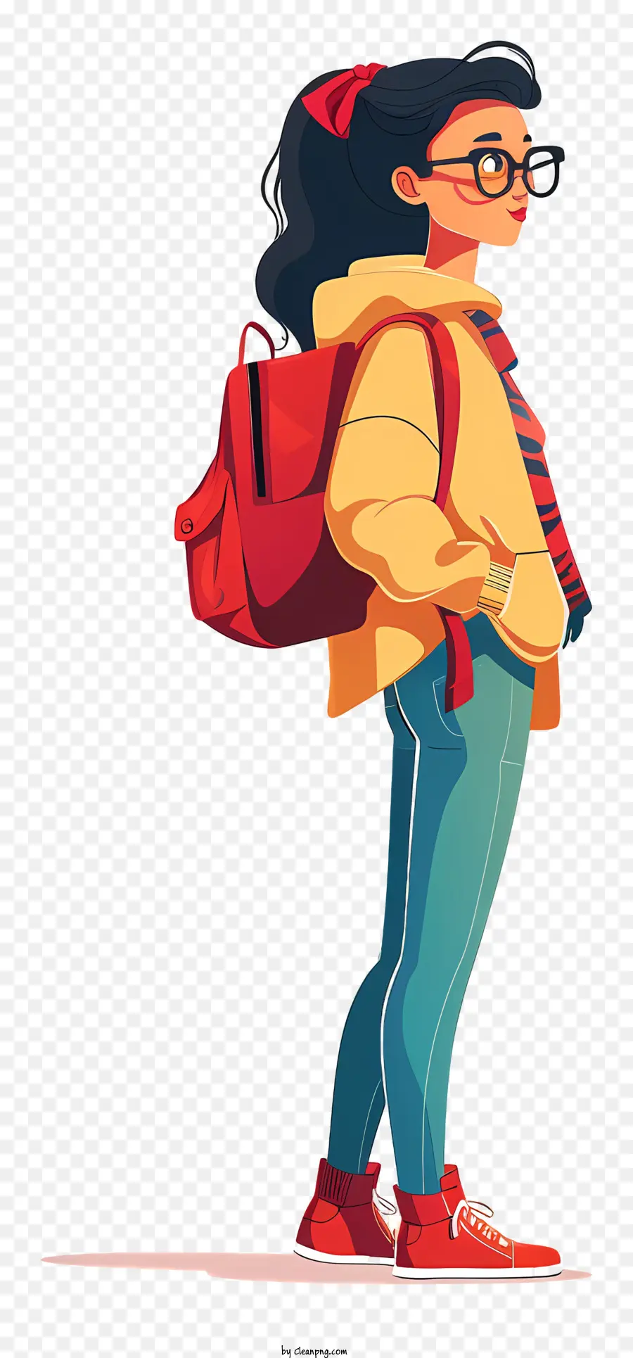 Brille - Junge Frau in gelbem Hoodie mit rotem Rucksack