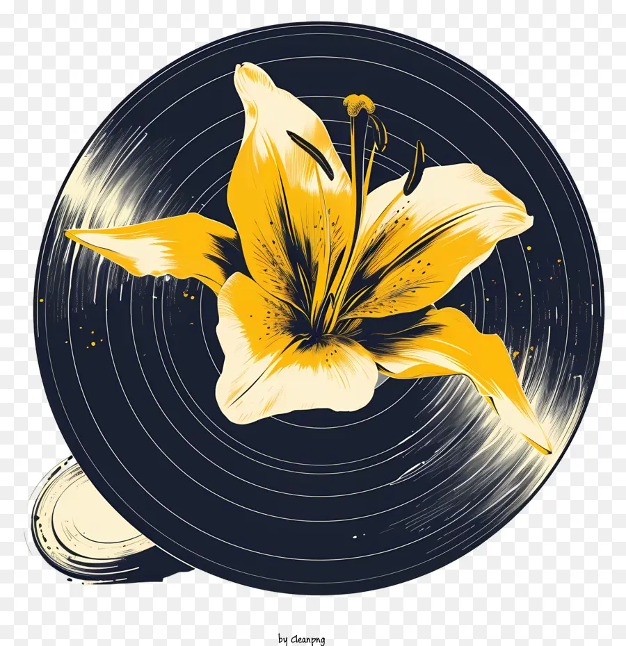 Vinyl -Rekord -Blumen -Platten -Spieler gelber Lilie Blumenplattenspieler Schwarz -Weiß -Hintergrund - Bild: Schwarz -Weiß -Plattenspieler mit gelber Lilie