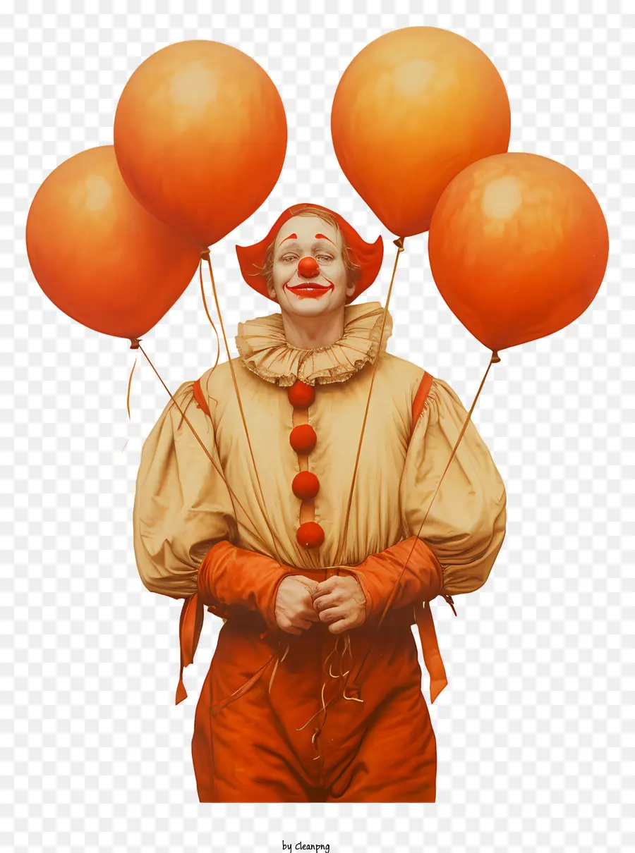Clown mit Luftballons Clown Kostüm Orangenballons Schwarze Oberflächenbeleuchtungsrichtung - Clown hält Orangenballons auf schwarzem Hintergrund