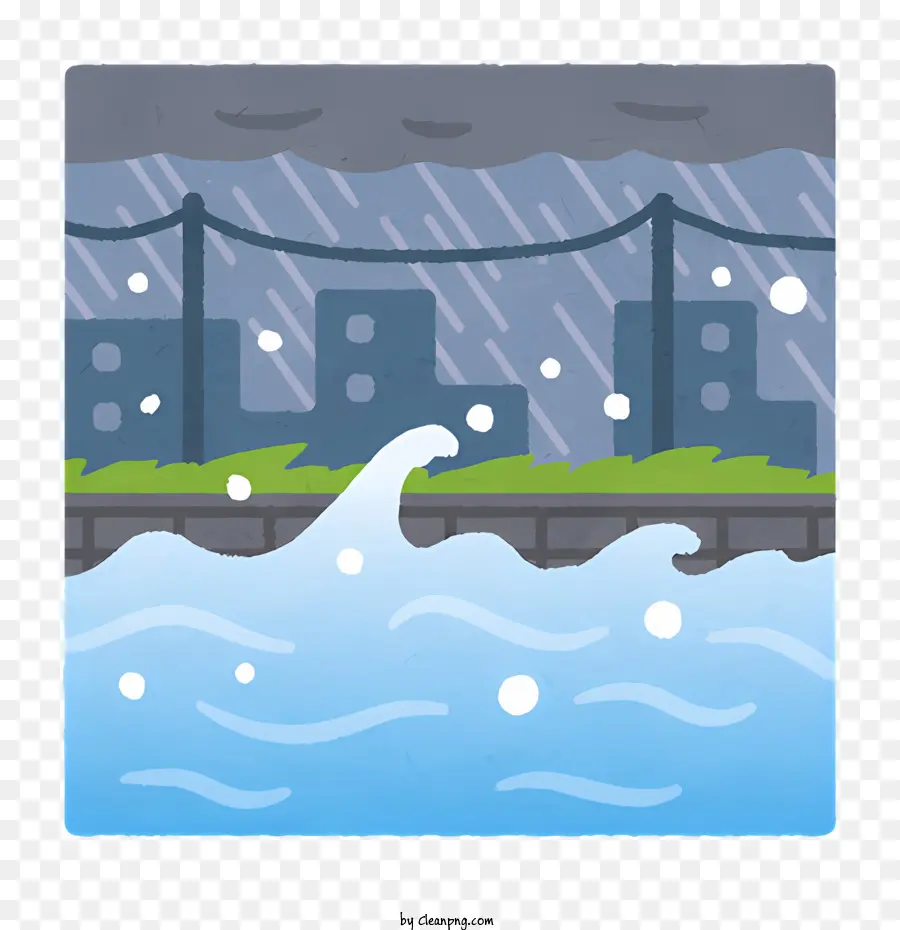 Icon Stürmisches Wetter abgehackte Wellen Schaume Wasser Küstengebäude - Stürmisches Wasser mit Gebäuden, Bäumen, angespannte Atmosphäre