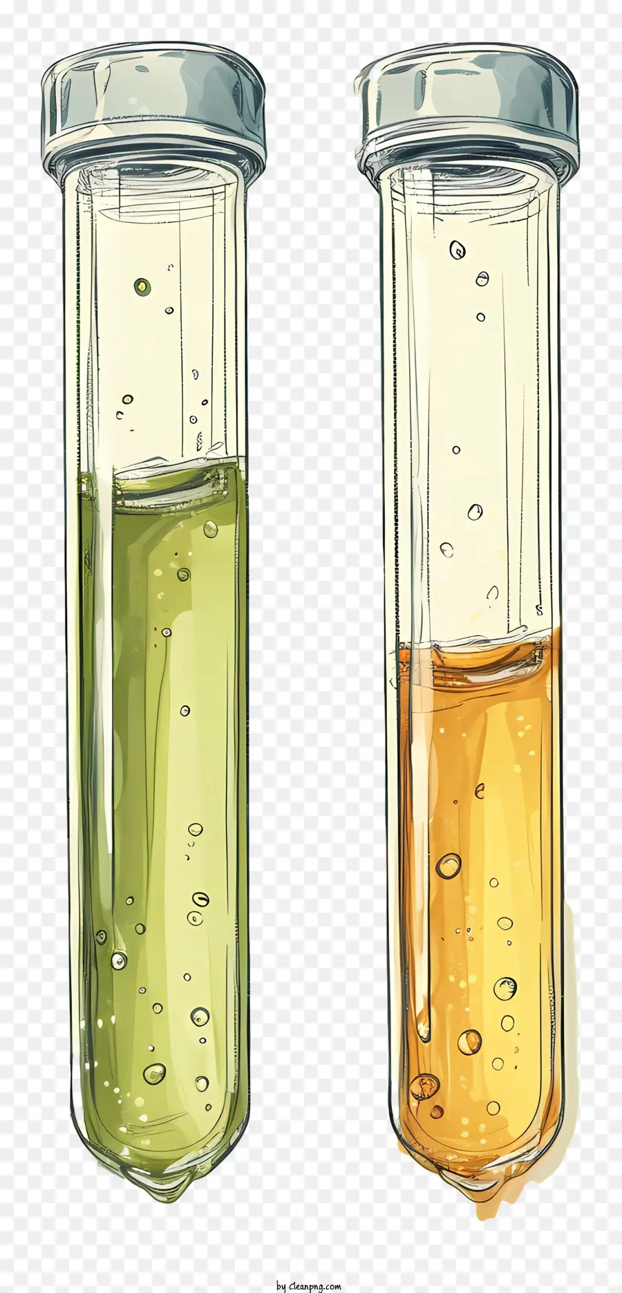 Testrohre Glasbecher gelbe flüssige grüne flüssige Laborumgebung - Zwei Becher mit gelben und grünen Flüssigkeiten