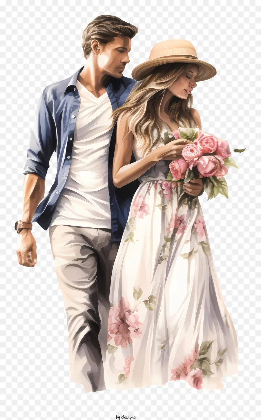 bó hoa - Cặp đôi trong màu trắng đi bộ với hoa về phía người xem