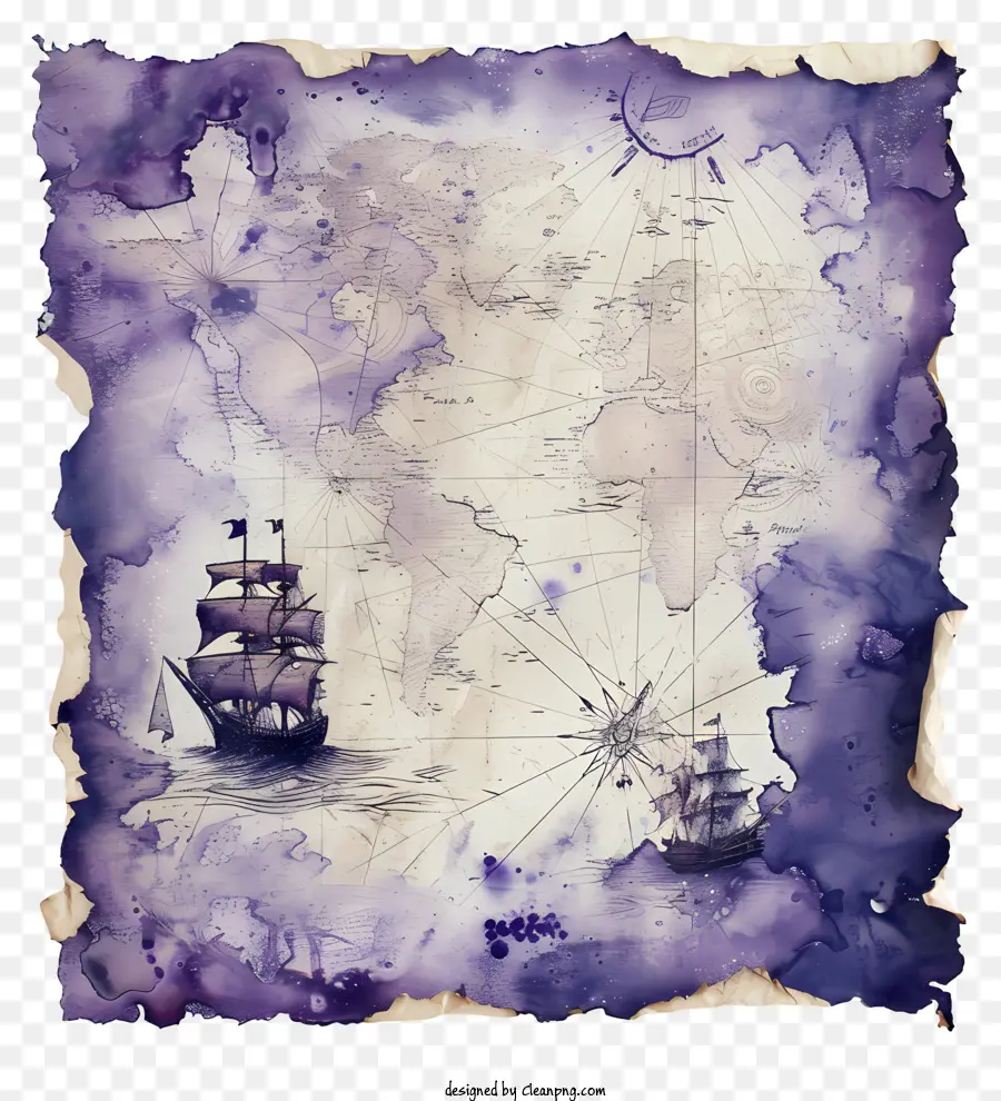 Schatzkarten nautische Karte Antiquitätenpapier Vintage Map Segelschiff - Antike Karte von Meeren mit Schiffen und Landschaft