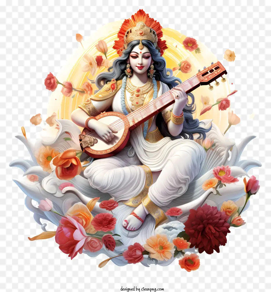 đàn ghi ta - Nữ thần âm nhạc thiền giữ guitar giữa hoa