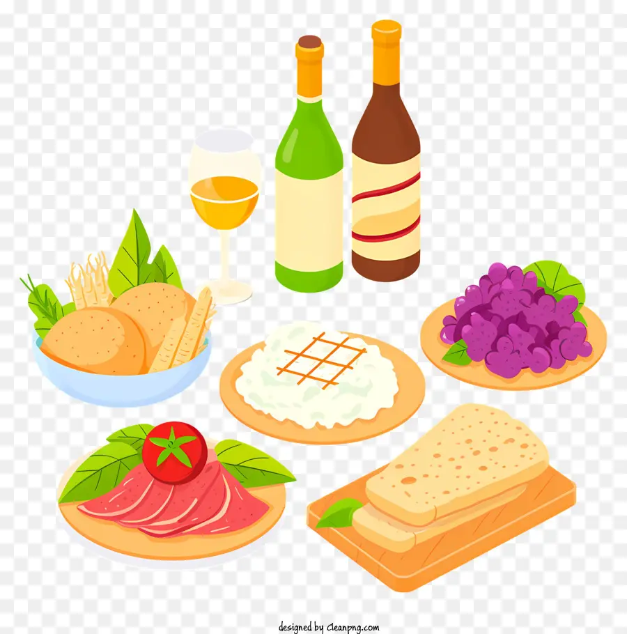 ly rượu - Bộ bàn với nhiều mặt hàng thực phẩm và đồ uống