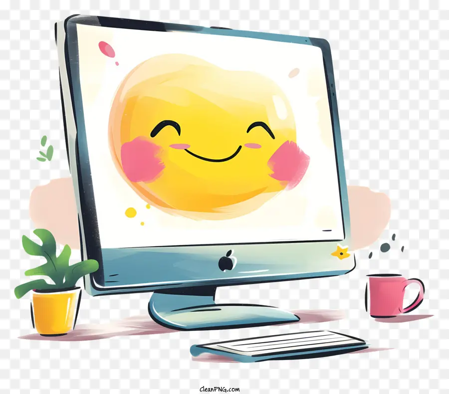 faccina - Schermo del computer con sorriso, piante e caffè