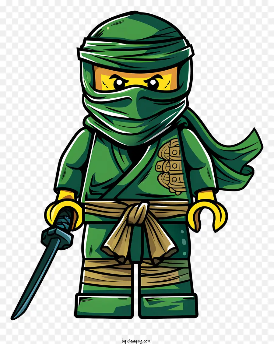 Ninjago Green Outfit Charakter mit Haubenhandschuhen und Schärpenschwert - Ernsthafter Charakter im grünen Outfit mit Schwert