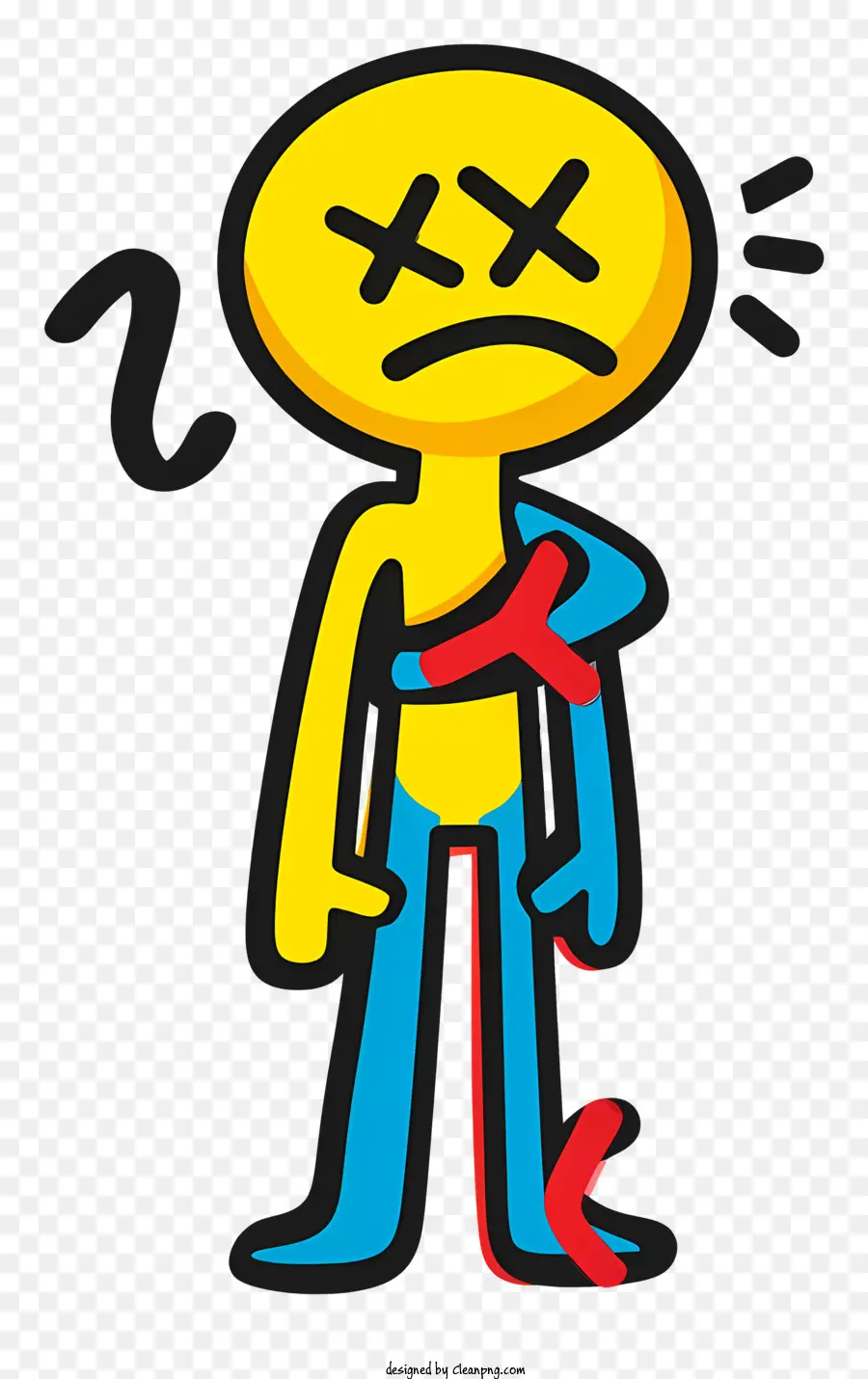 süße Kunst -Cartoon -Figur Gelbblaues Hemd rote Hosen - Cartooncharakter in Not mit einem gebrochenen Arm