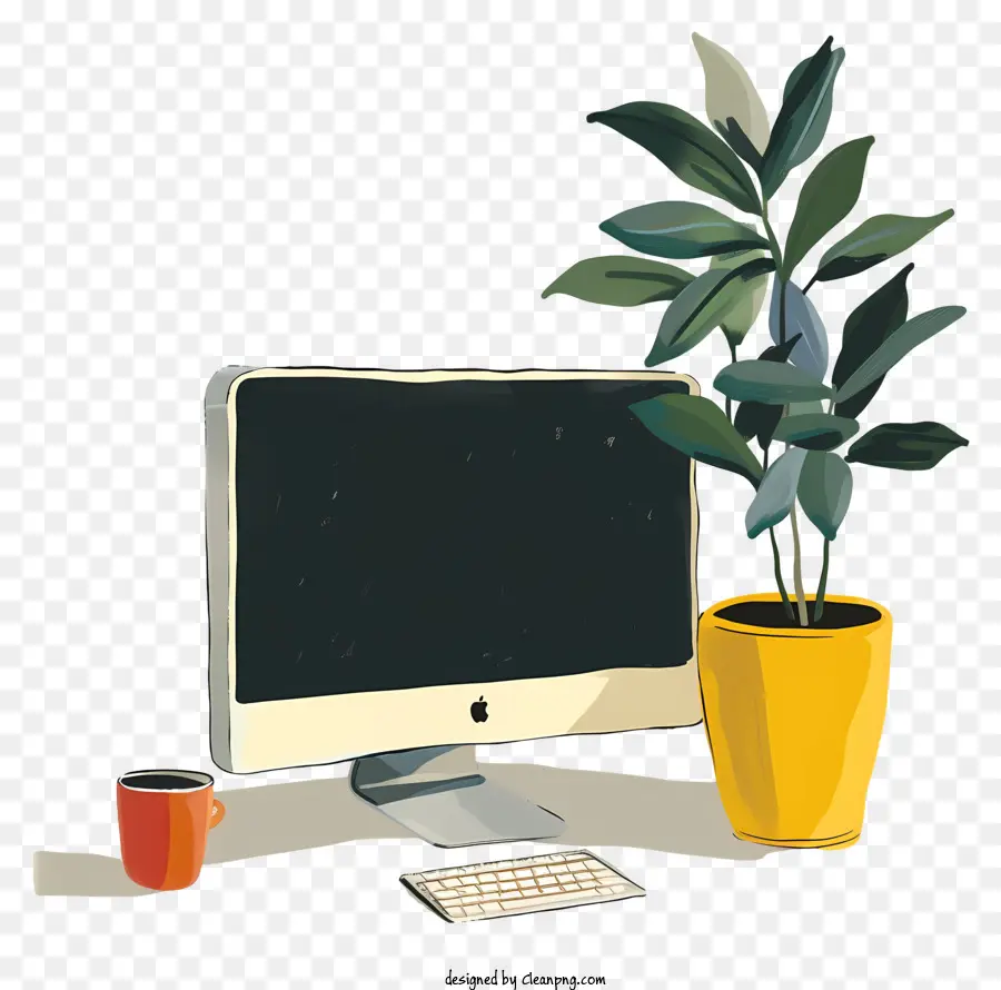 computer monitor computer plant desk potted plant