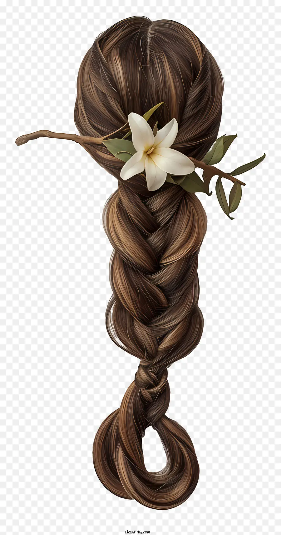 geflochtene Haar Perücke lange braune Haare Geflecht Frisur weiße Blumen in Haarzubehör Accessoires - Bild: Frau mit langen braun geflochtenen Haaren, geschmückt mit Blumen