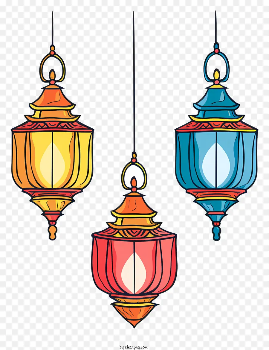 Lichterketten - Drei verzierte Lampen in blau, grün, lila