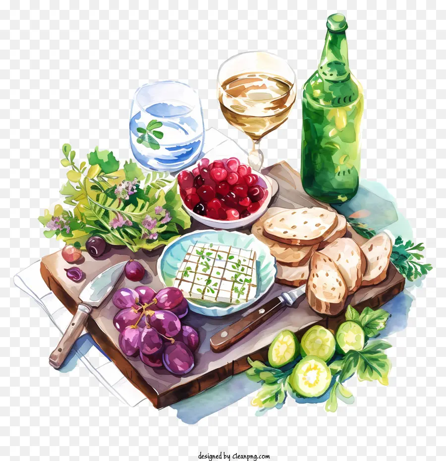 Pesach da tavolo che stabilisce prodotti alimentari fette di vino di pane - Ambiente da tavolo con pane, vino e uva