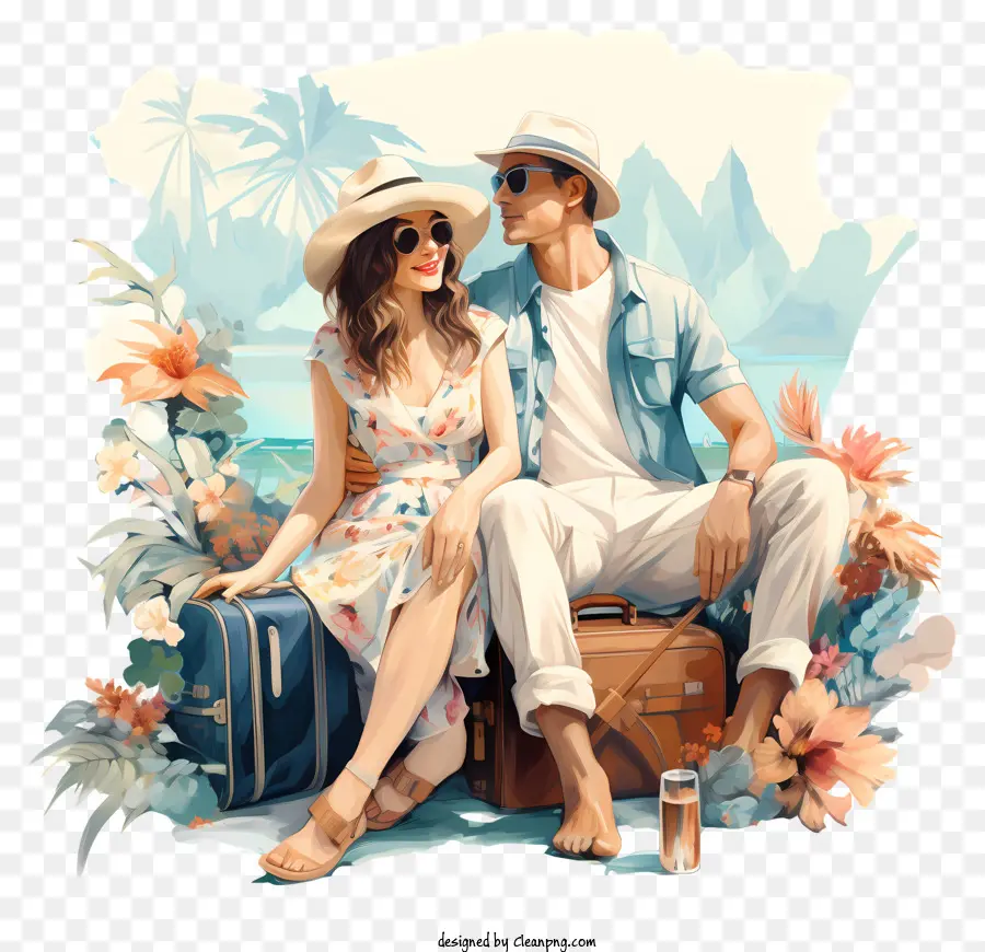 coppie romantiche vacanza in spiaggia vacanza tropicale coppie viaggi - Coppia seduta sulla spiaggia con bagagli, palme