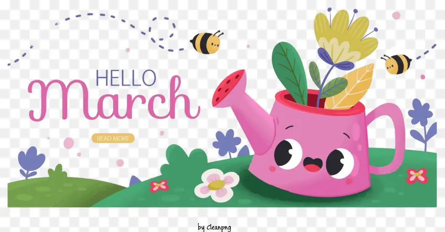 hello march pink watering can flowers bees green grass