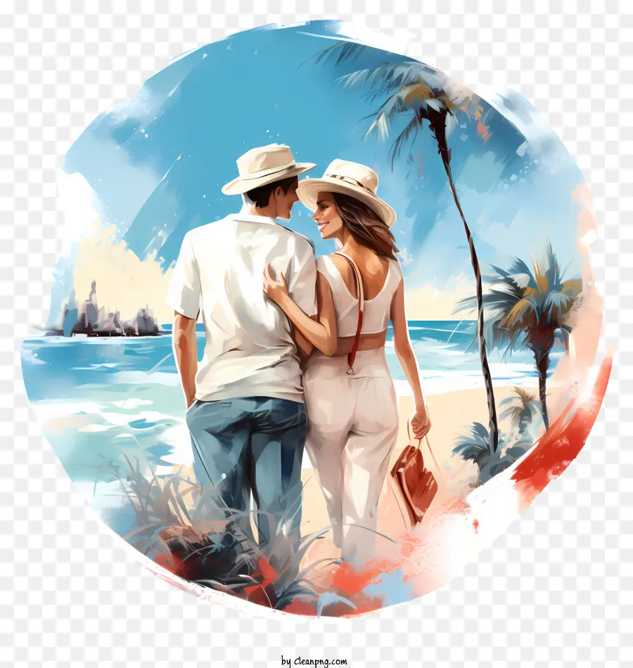 Romantische Paare Getaway Beach Malmalerei Paar, das am Strand weiße Hut läuft - Friedliche, ruhige Strandszene mit zwei Menschen