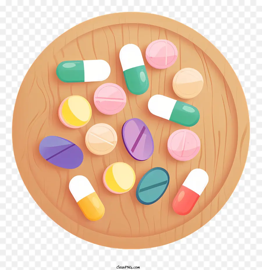 medicine tablet pills wooden bowl colorful shapes
