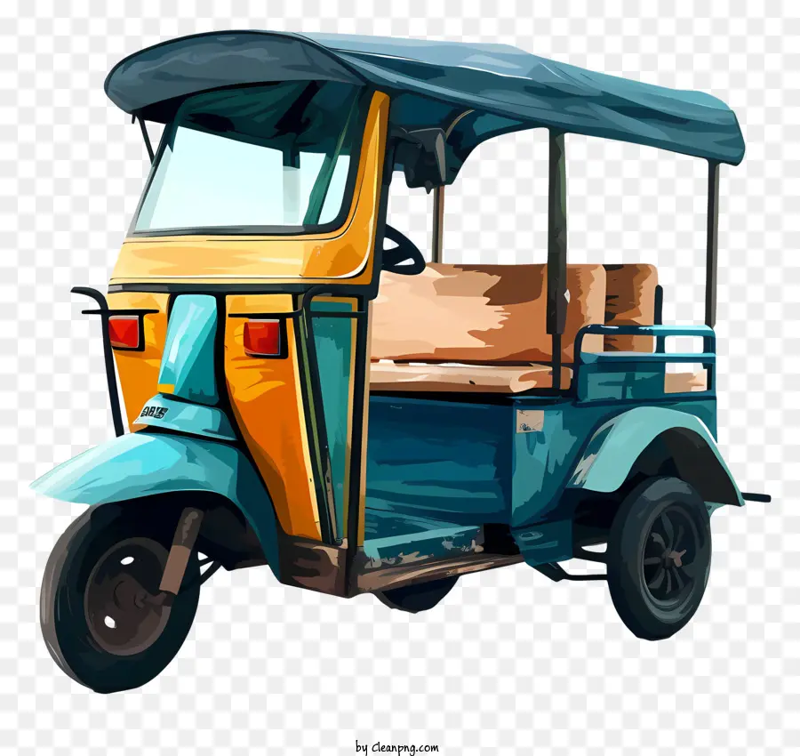 Auto Rikscha - Blauer und gelber Wagen mit zwei Sitzen, großen Rädern und offenem Rücken für Waren offen