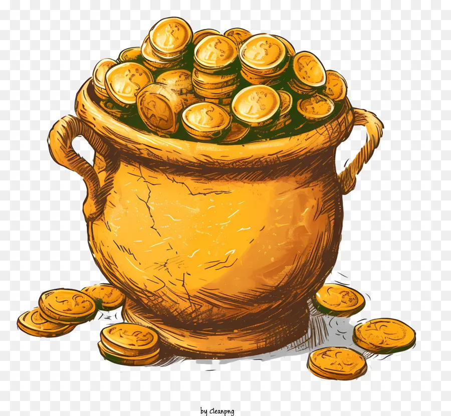 Topfgeld Wohlstand Wohlstand goldene Münzen - Tontopf mit glänzenden goldenen Münzen gefüllt