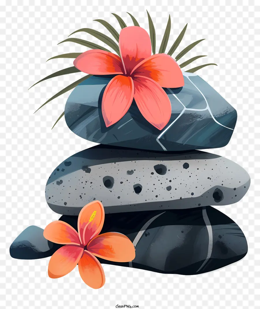 Spa Stones schwarze Gesteine ​​rote Pflaumeria Blume Vollblüte schwanken Blütenblätter - Drei Haufen Felsen mit roten Blumen