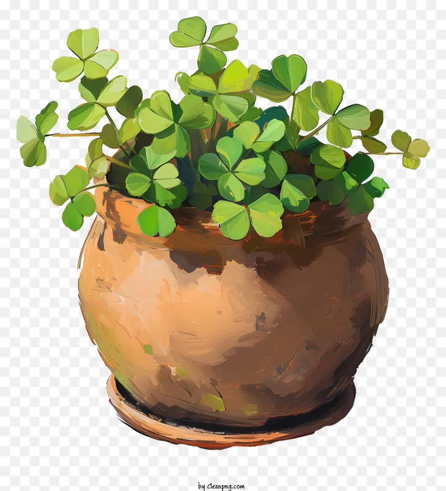 pot clay pot four-leaf clovers brownish-yellow texture black background