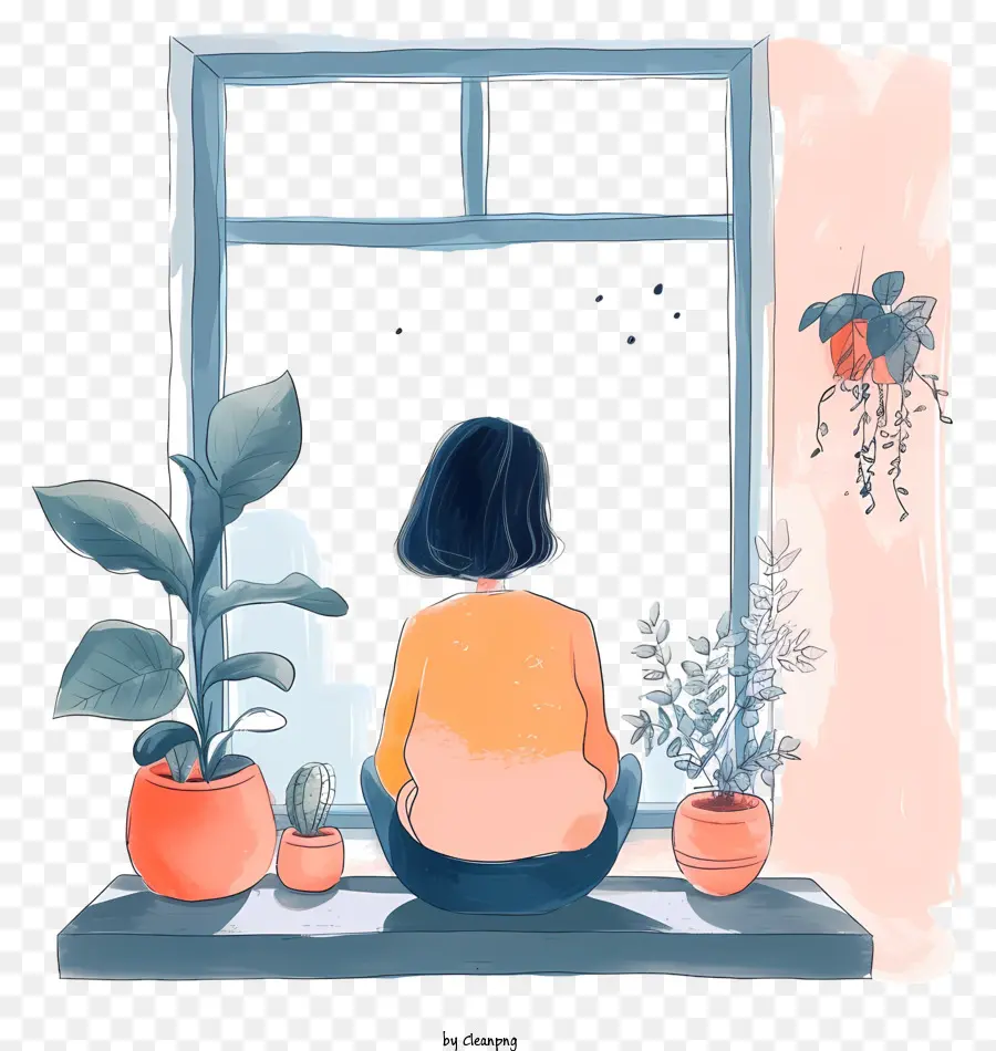 Donna finestra seduta sulla finestra Piante di arredamento per la casa e fiori in pentole capelli scuri - La donna premurosa si siede sul davanzale della finestra, osservando la natura