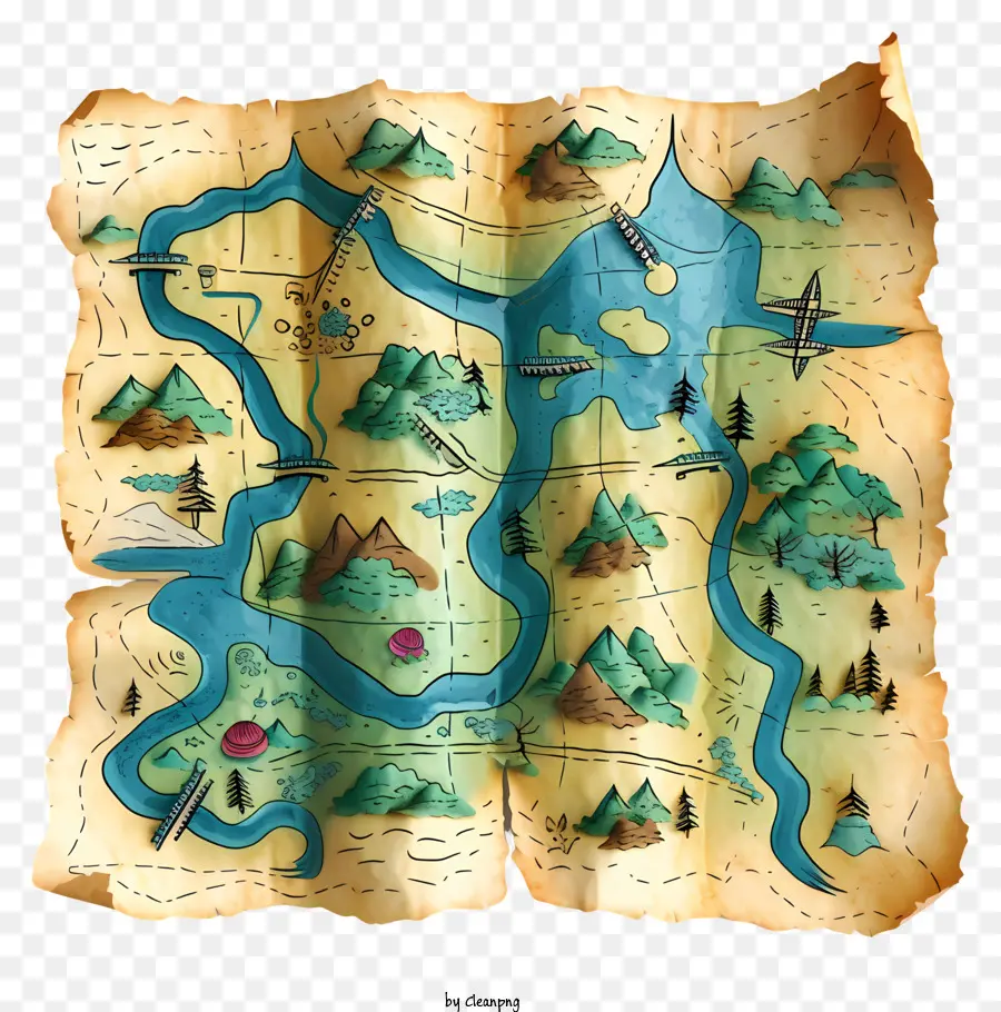 disegnati a mano - Mappa dell'isola trainata a mano, con corsi d'acqua e ponte