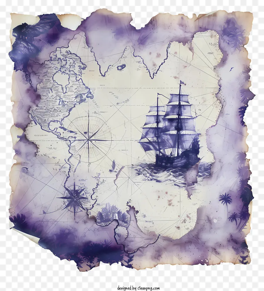 Palme - Lila und weiße Piratenkarte mit Schiff