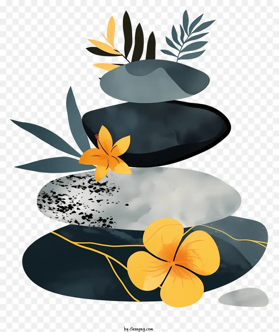 Spa Stones Digitales Malerei Stapel von Felsenblumen Blätter Blätter - Friedliche digitale Gemälde des ausgewogenen Rockstapels mit Blumen und Blättern