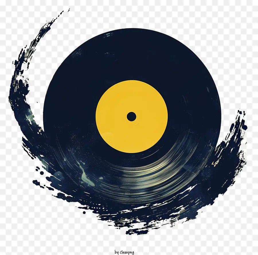 Vinyl -Rekord Vinyl Record Yellow Disc Black Hintergrund Rekord Player - Unvollständige schwarze Aufzeichnung mit gelbe Scheibe