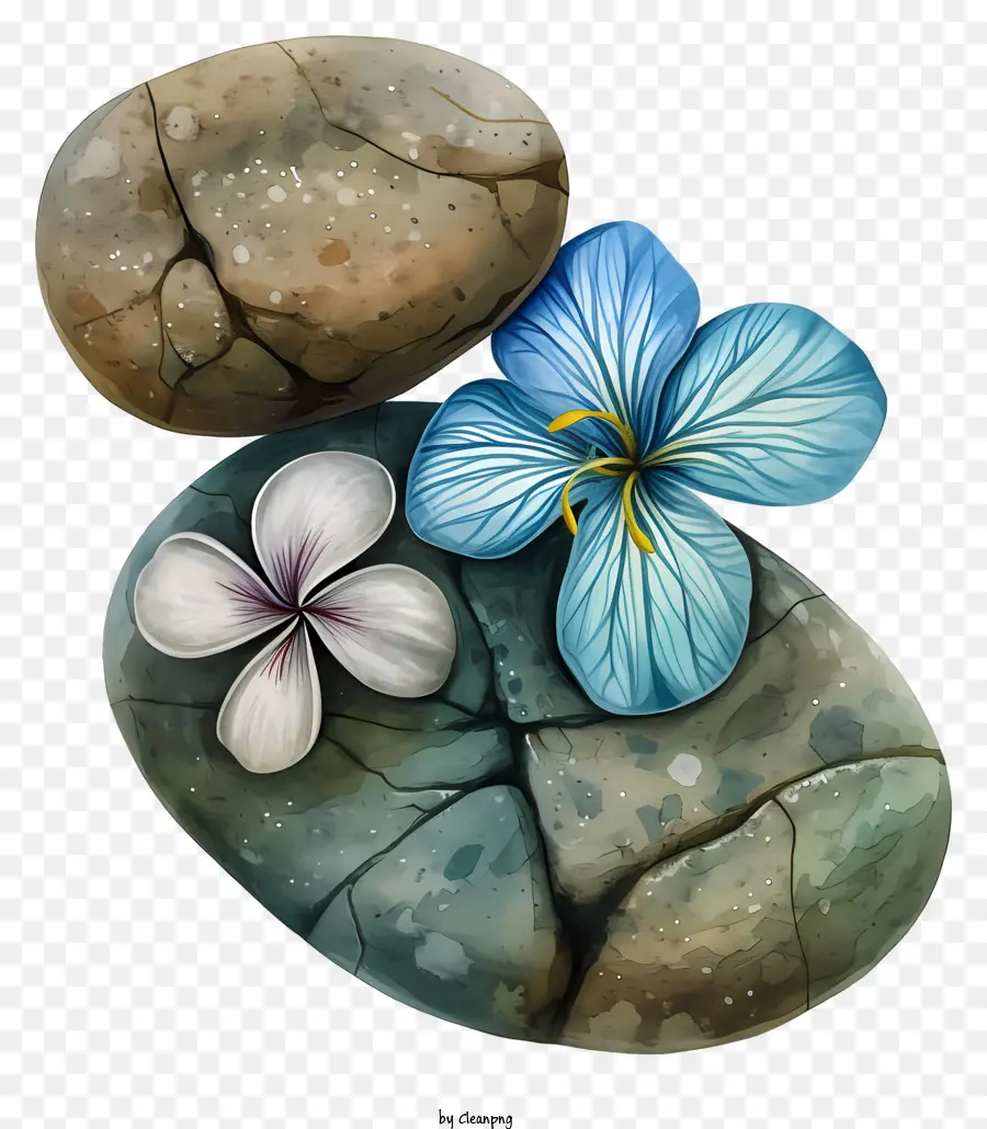 Blaue Blume - Drei Steine ​​mit blauen und weißen Blumen