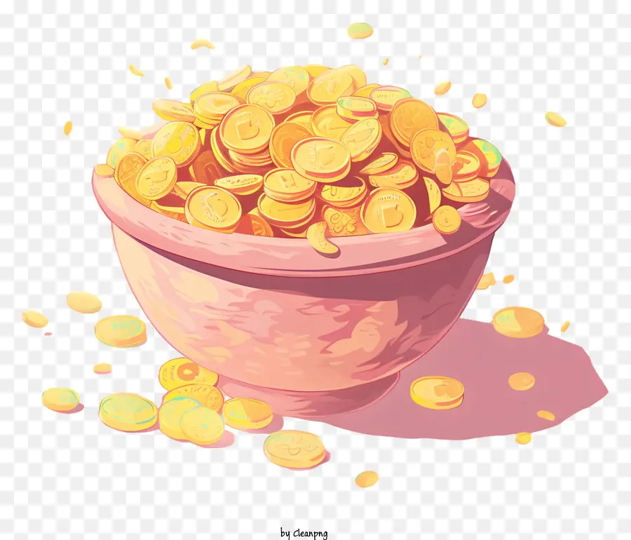 ciotola rosa in pentole dorate sparpagliate monete lanciate - Ciotola rosa con monete dorate sparse, sfondo nero