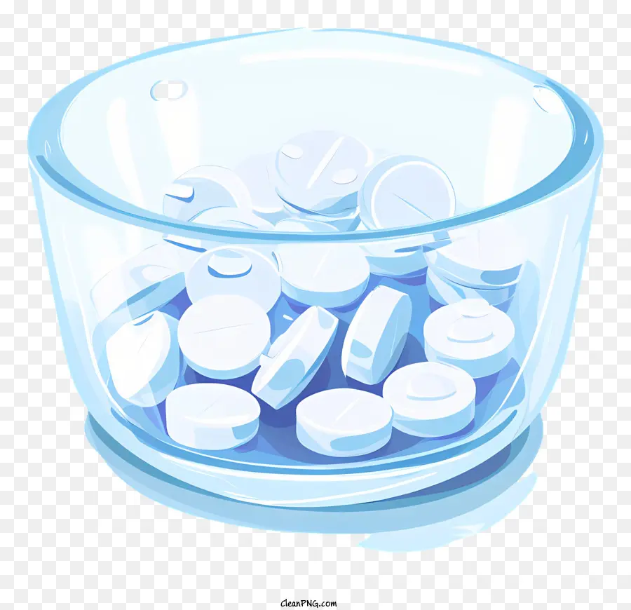 Medizin Tablette klare Glasschalenpillen schwimmende Pillen Schwarze Oberfläche - Transparente Glasschüssel mit schwimmenden Pillen