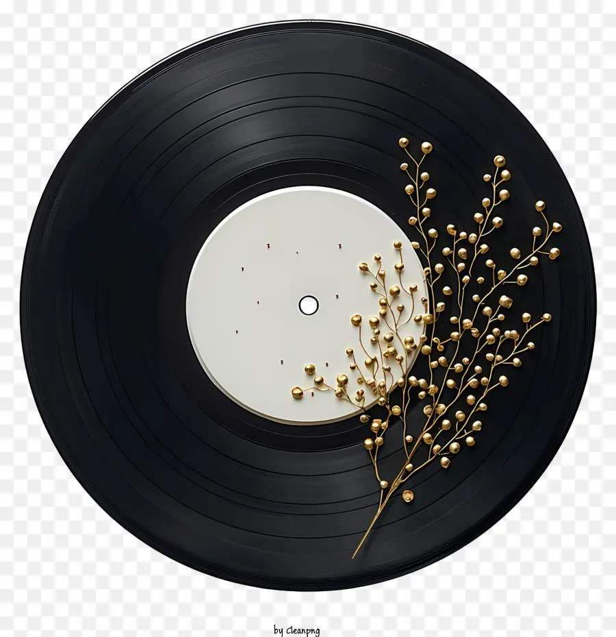 Vinylaufzeichnung Vinylaufzeichnung Schwarzer Hintergrund Goldene Blätter weiße Etikett - Elegantes Vinylrekorddesign mit goldenen Blättern