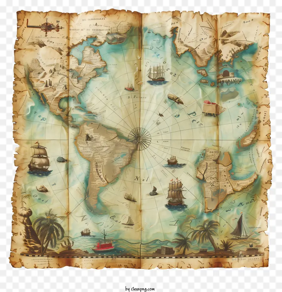 Weltkarte - Vintage World Map mit Segelschiffen auf Antiquitätenpapier
