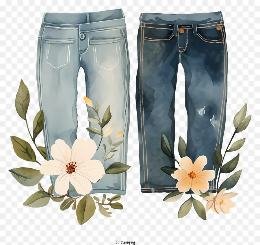 Jeans Blue Jeans Blumen verzweifelte Jeans ausgefranste Jeans - Nahaufnahme von notleidenden Jeans mit Blumen