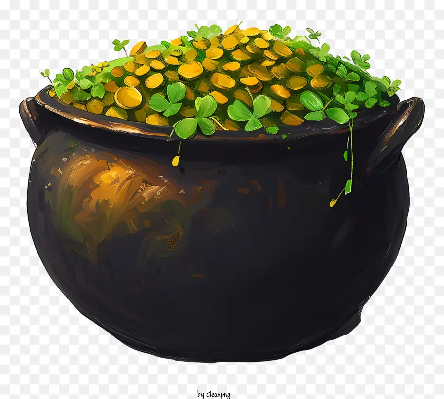 Pot Wealth phong phú Ma thuật cổ đại - Cauldron cổ đại chứa đầy vàng và cỏ ba lá