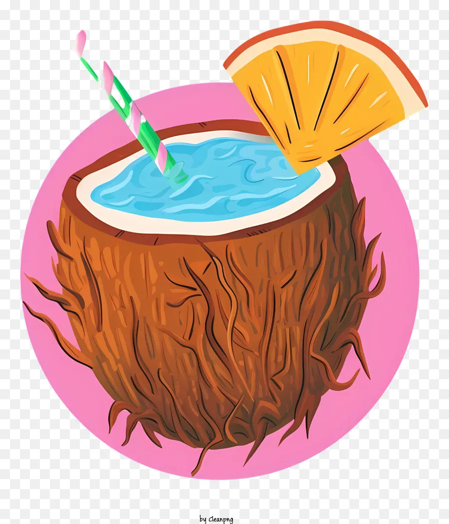 Sommerfrischung - Kokosnuss mit rosa Getränk, Orange und Stroh