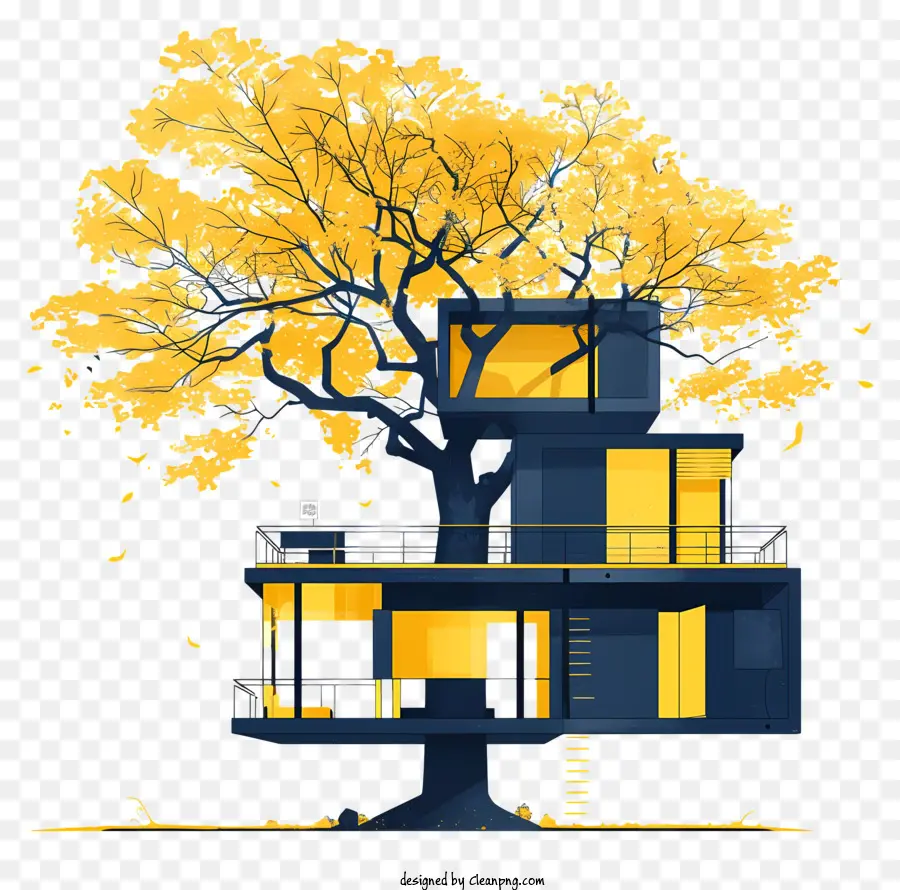 Albero di architettura - Casa albero gialla con finestra aperta, sospesa nell'albero