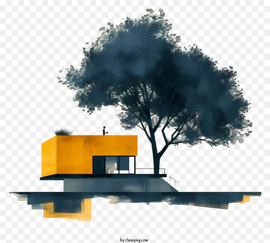 Architekturbaum - Baumförmiges Gebäude mit gelbem Dach, Pool, ahnungsvolle Umgebung
