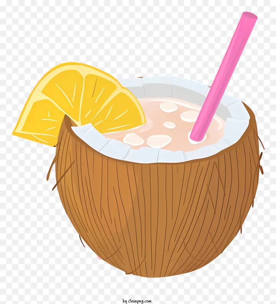 Sommer drink - Kokosnussschalengetränk mit Zitronenscheibe und Stroh