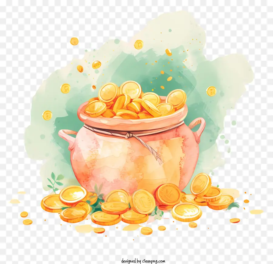pot copper cauldron gold coins watercolor painting fortune