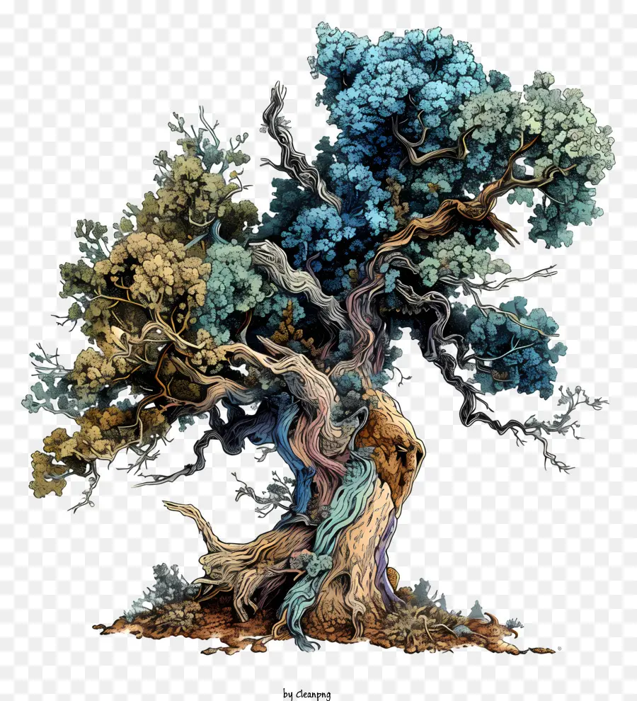 Architekturbaum - Alte Eichenbaummalerei, braune und blaue Blätter