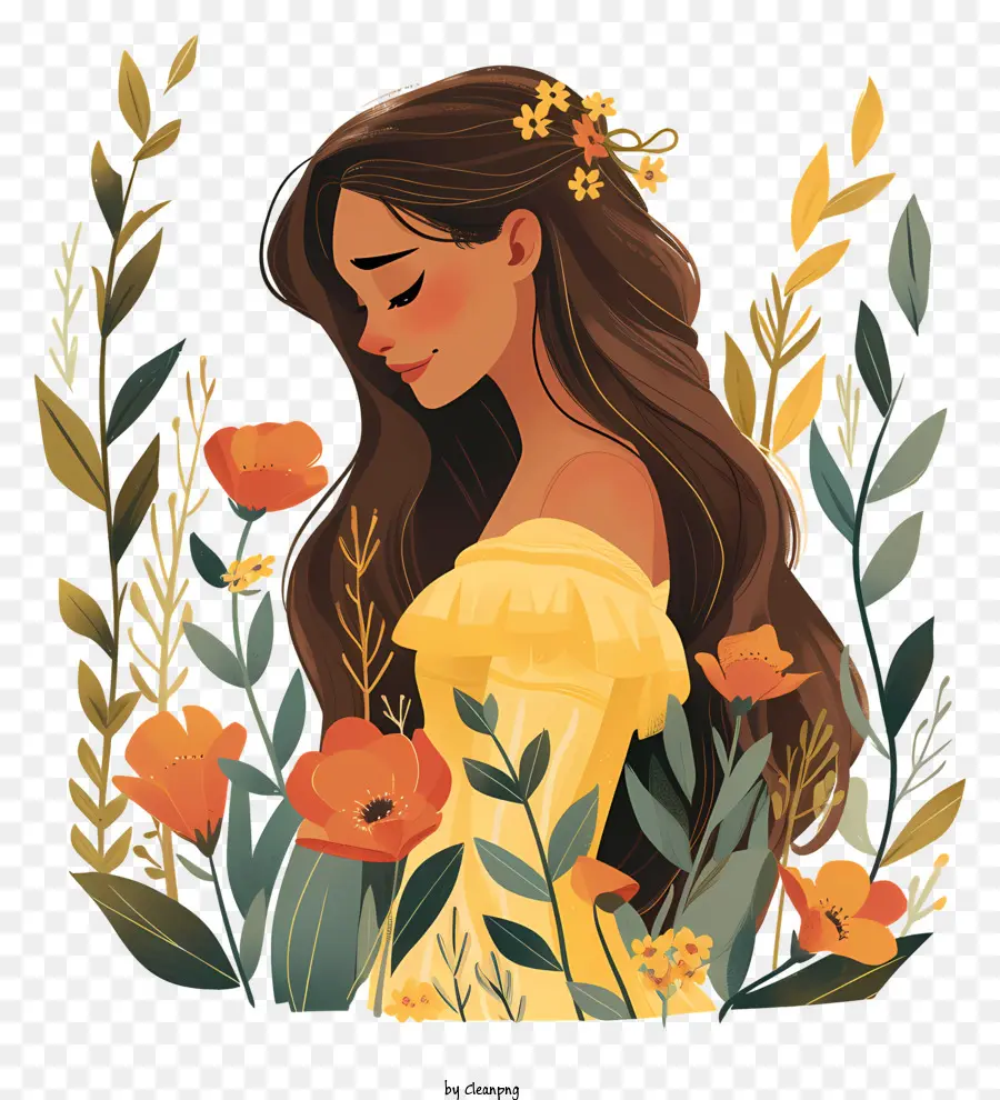 Principessa Disney - Giovane donna serena circondata da fiori vibranti