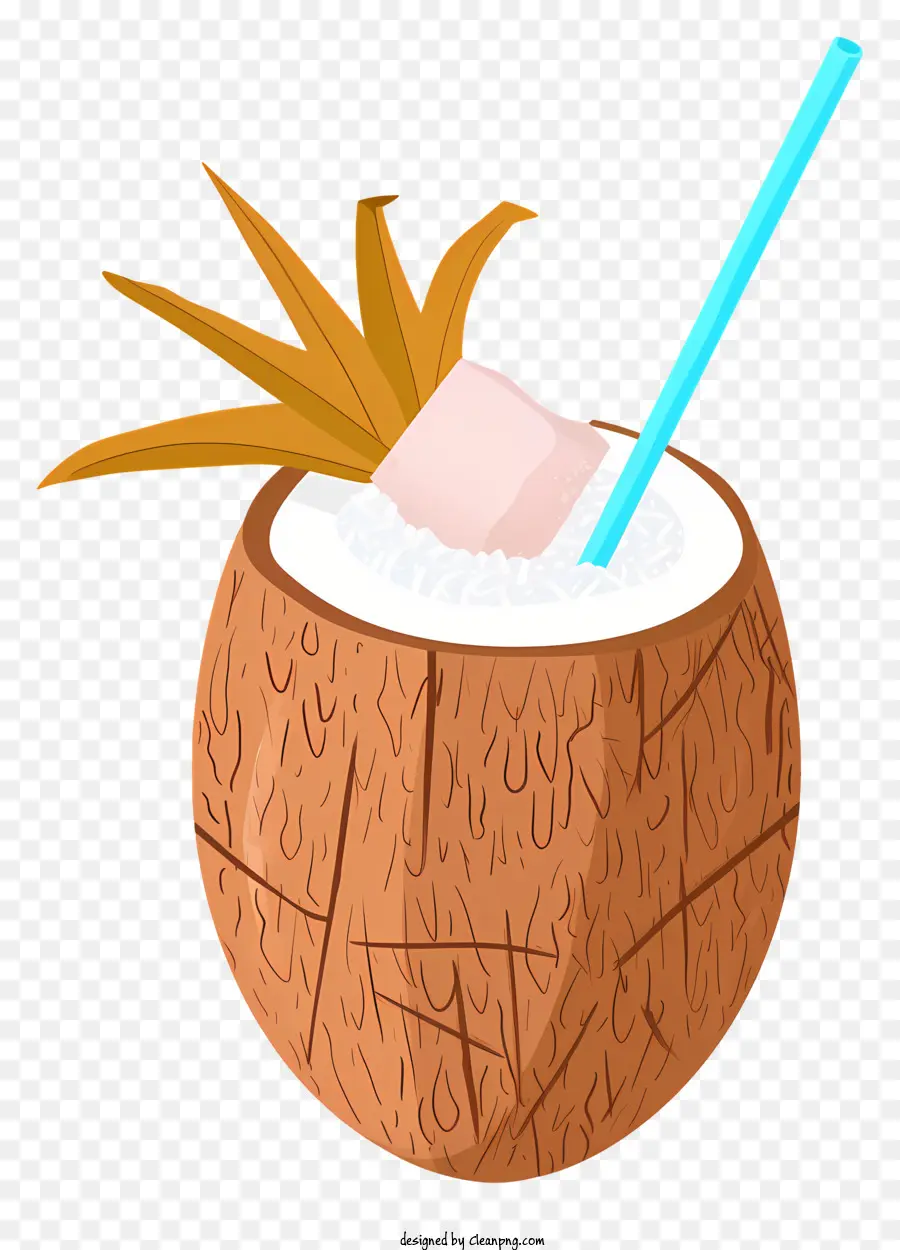 Kokosnuss -Cocktailgetränk Kokosnussgetränk Stroh in Kokosnuss Kokosnussschale Blaue Strohhalme - Kokosförmige Schüssel mit Schaum und Getränk im Inneren