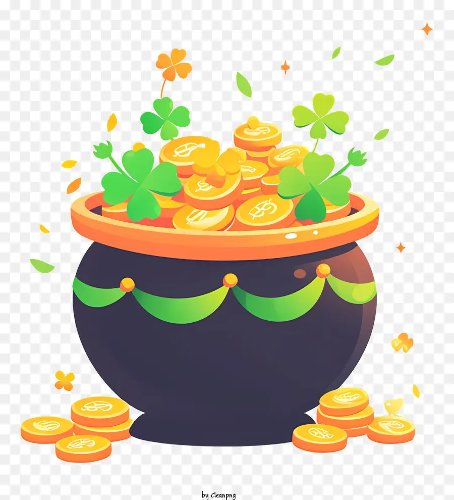 St. Patrick ' s Day - Schwarzer Keramik -Topf mit Schamrocks und Münzen. 
Fülle und Verspieltheit